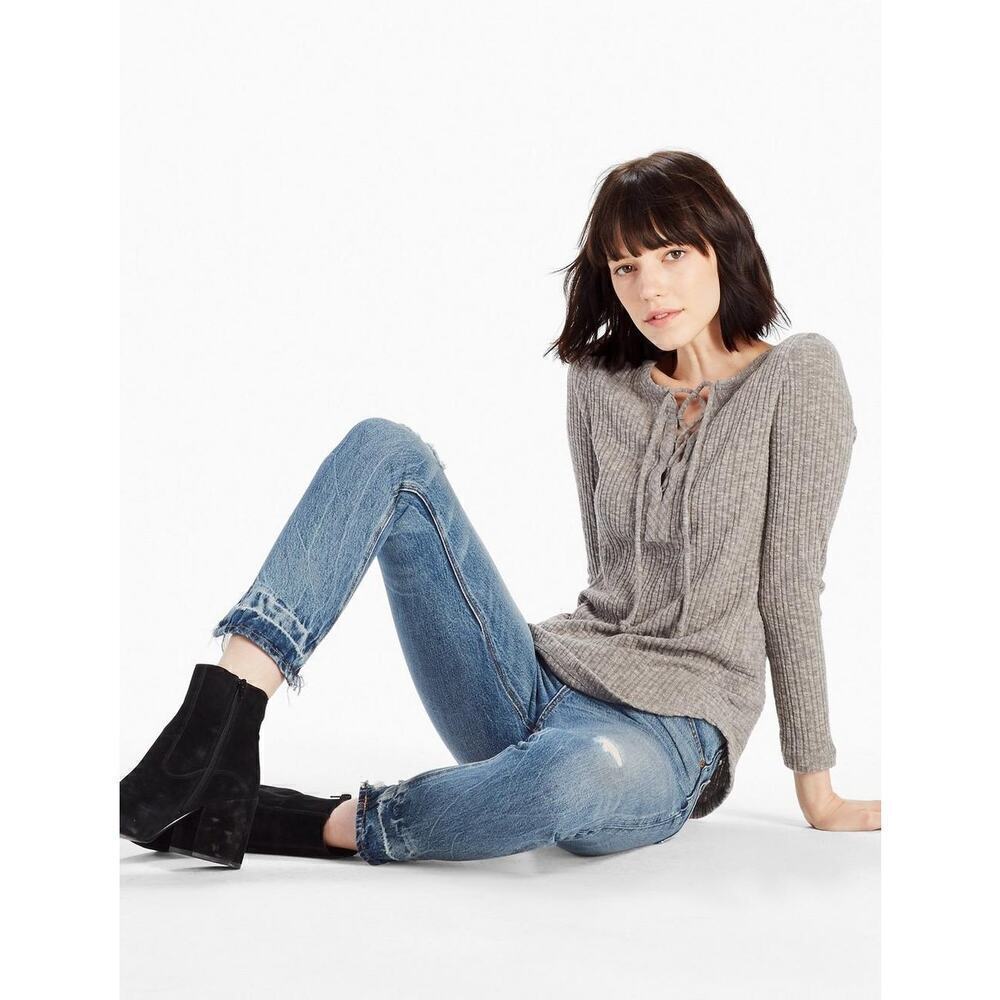 Lucky Brand Lace Up Rib Top Grey Size Small